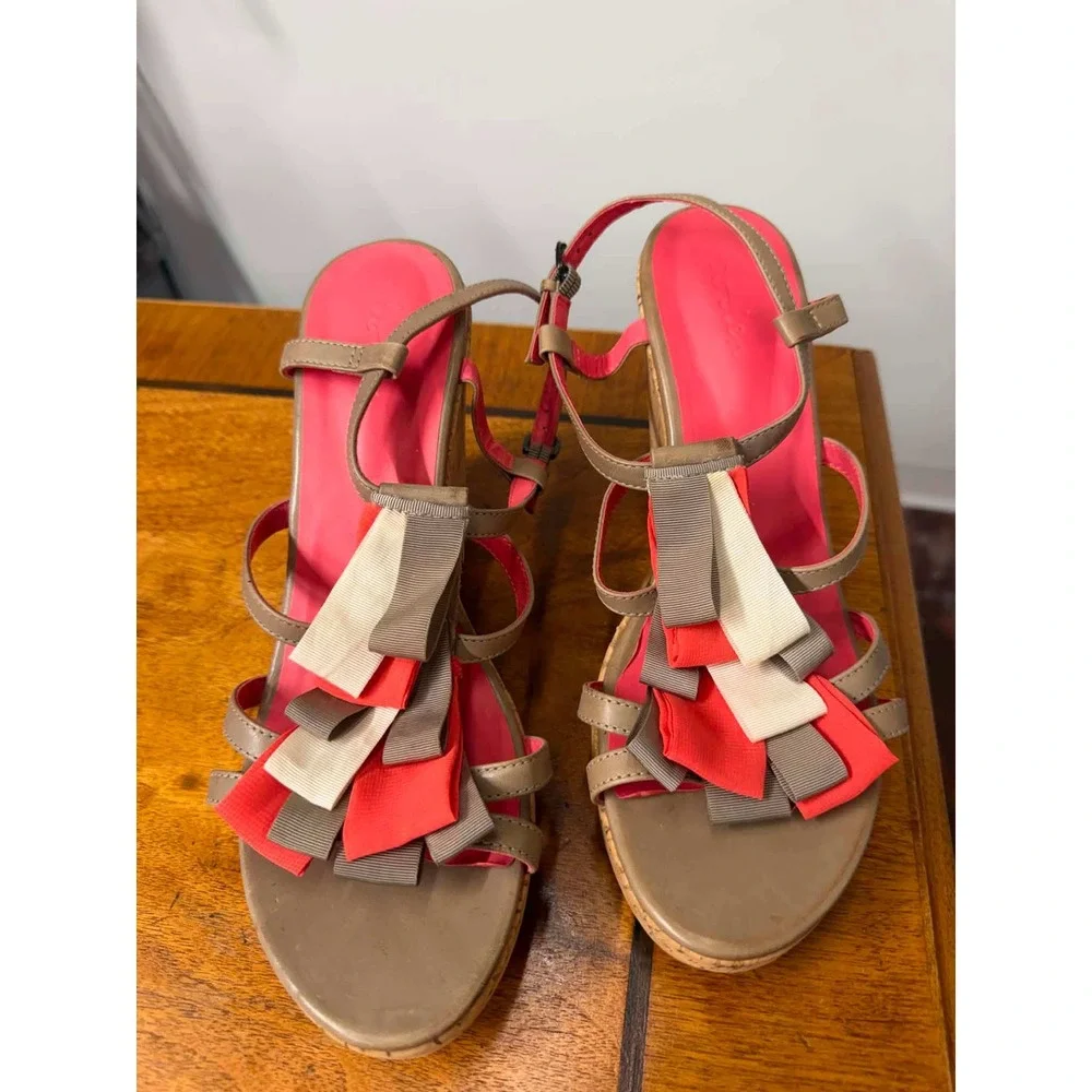 Boden Ruffle Ribbon Cork Wedge Sandals Taupe Pink Orange Size 41 EU 10 US